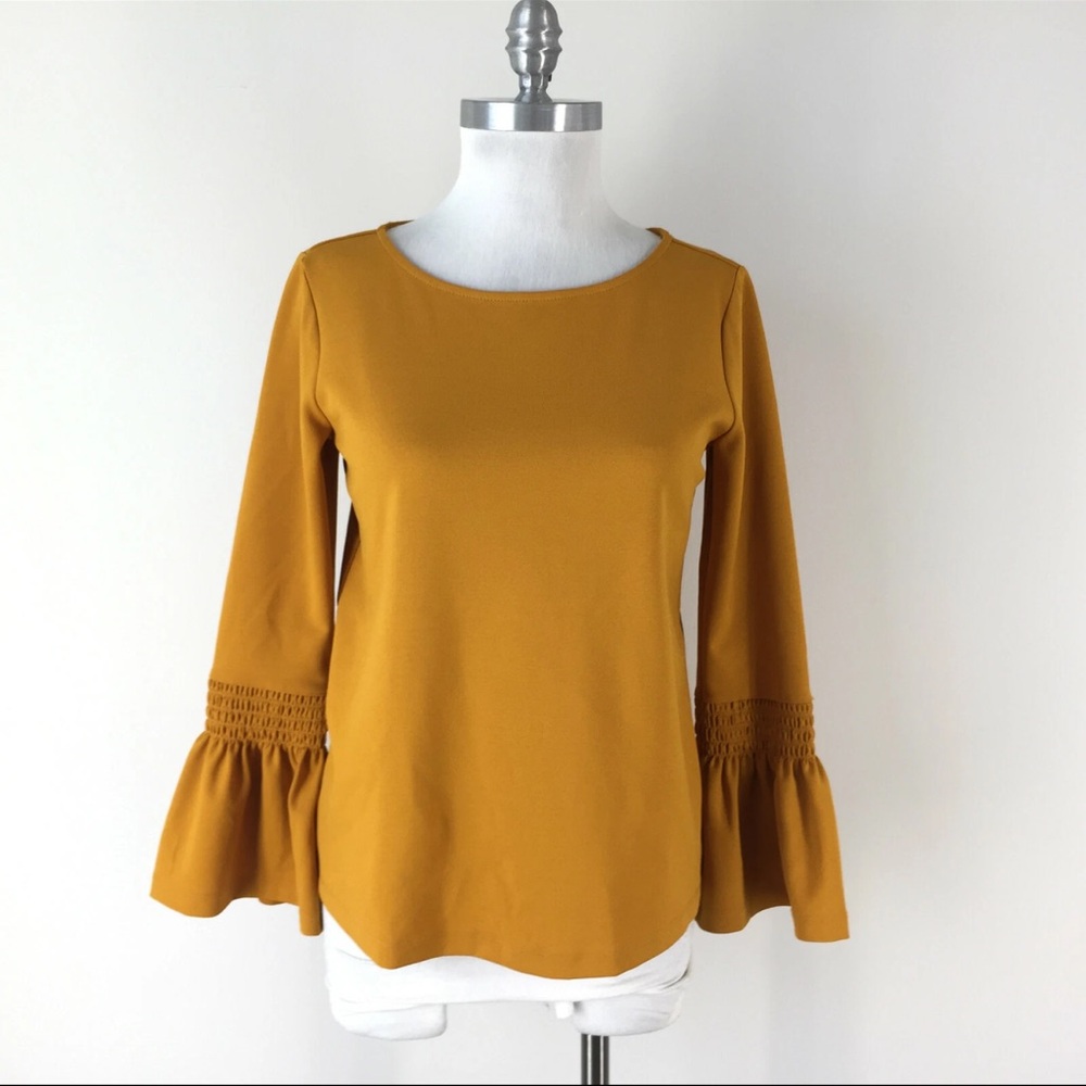 Ann Taylor Mustard Marigold Yellow Bell Sleeve Top Blouse Classic